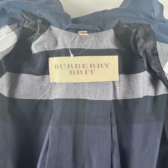 Burberry Brit Trench Coat Womens 4 Navy Blue Check Lined Rain Mac Jacket Classic - Picture 14 of 16